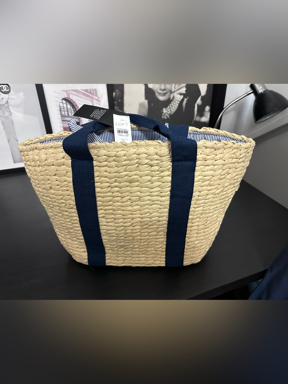 LOFT Natural Straw Tote with Navy Straps